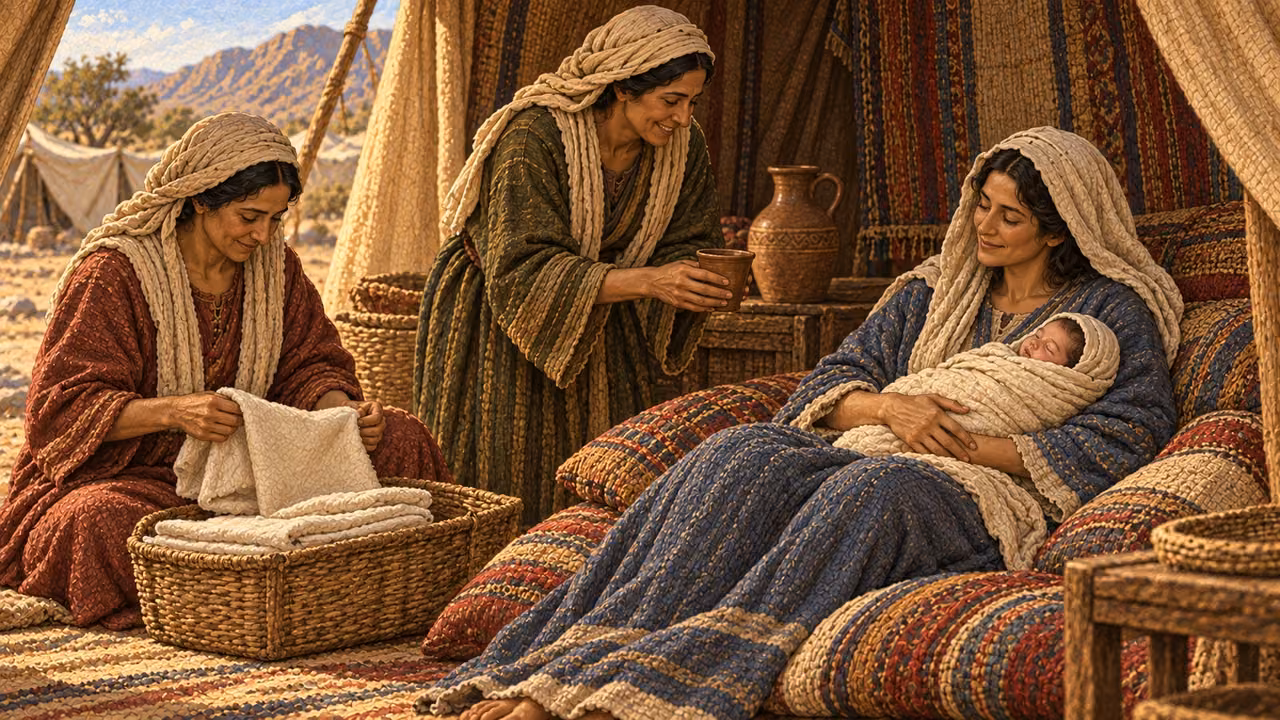 A fully clothed Israelite mother rests in a warm family tent holding her swaddled newborn daughter while women relatives care for them through the longer protected recovery period. A sequence of changing daylight enters through the tent opening without split panels. No childbirth action, exposed body, blood, calendar markings, stigma, abandonment, or sanctuary ritual.