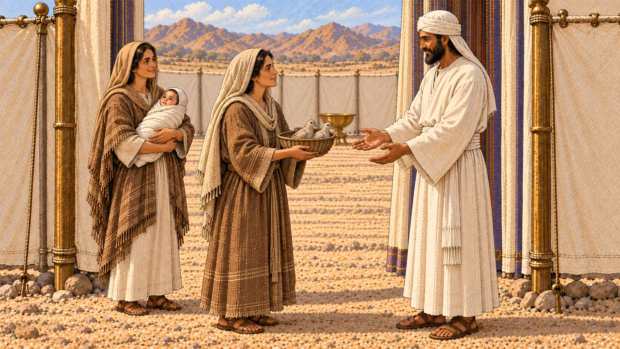 A mother of modest means approaches the sanctuary with exactly two living turtledoves in one small open woven basket, one for each offering. A white-linen priest receives her with compassion while a relative holds her swaddled infant nearby. Emphasize equal access and exact count; no lamb, additional birds, blood, slaughter, pitying crowd, or visible deity.