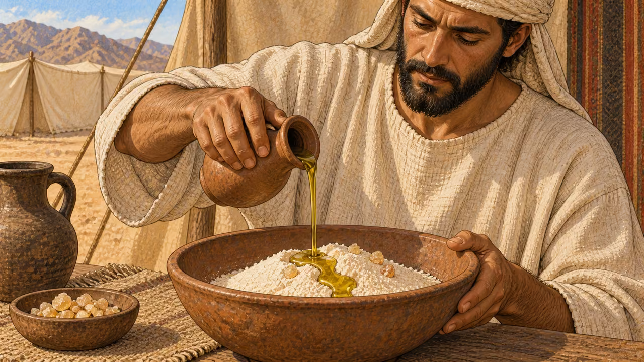 Close view of an ordinary adult Israelite in undyed linen pouring olive oil from a small earthen jug onto fine pale flour in an earthen bowl. A few pale amber frankincense resin pieces rest on the flour. Hands and ingredients in crisp focus, woven tent shade behind. No priest needed; no honey, no risen bread.