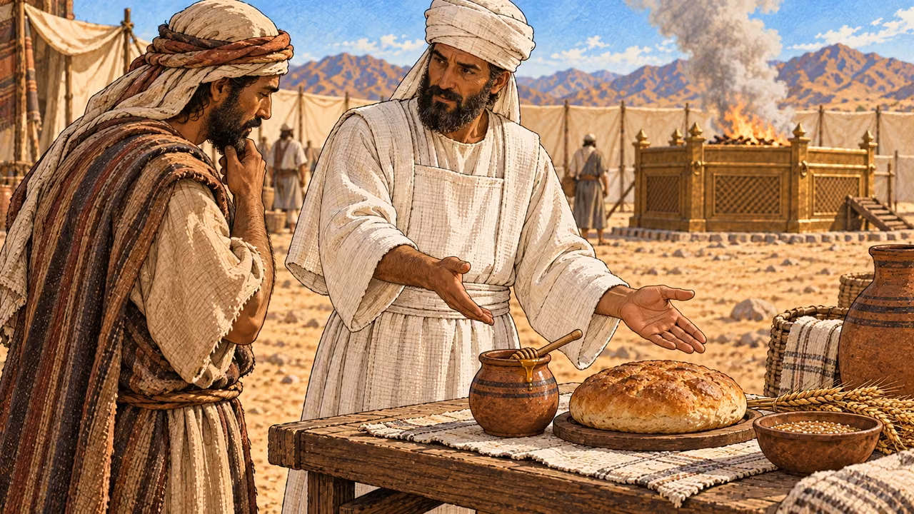 A plain white-linen priest instructs an adult worshipper beside a low table outside the altar work area. On the table a small earthen honey jar with wooden dipper and a modest risen loaf represent firstfruits permitted to be presented but not burned. The priest gestures with an open palm toward the table; far background bronze altar is separate and contains only wood fire. No one carries honey or risen bread toward fire. Contextual illustration of a prohibition, not a violation.