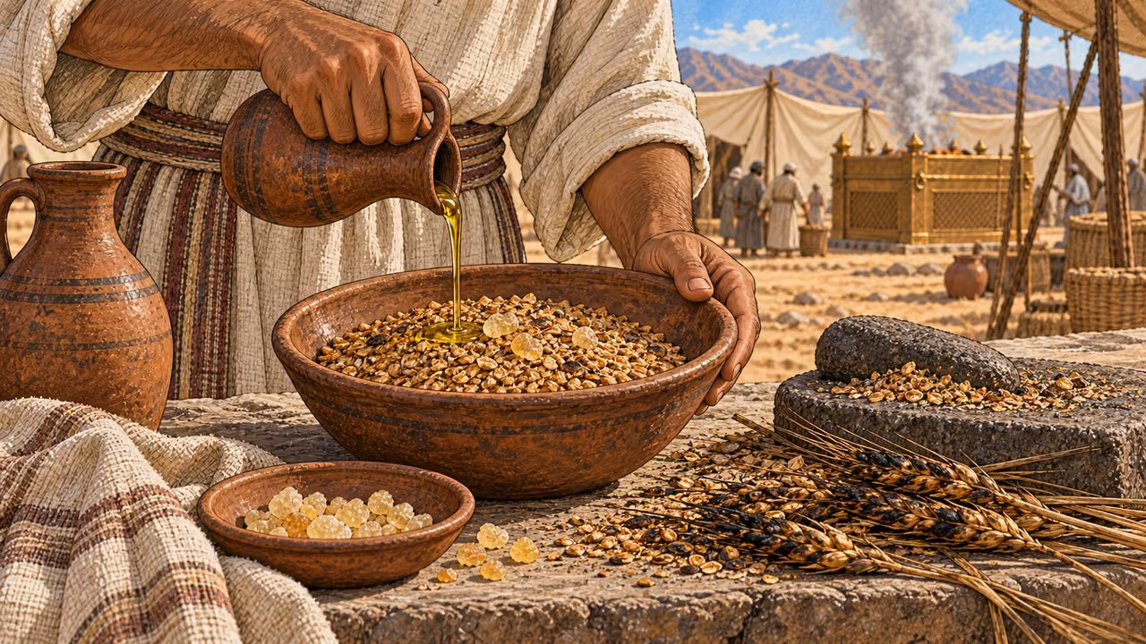 At an outdoor desert camp preparation place, adult hands drizzle oil over crushed freshly roasted grain kernels in an earthen bowl. A few frankincense resin pieces sit on top. Nearby lie scorched fresh grain heads and a small grinding stone, representing earlier roasting and crushing. No raw unroasted flour substitute, no modern grinder.