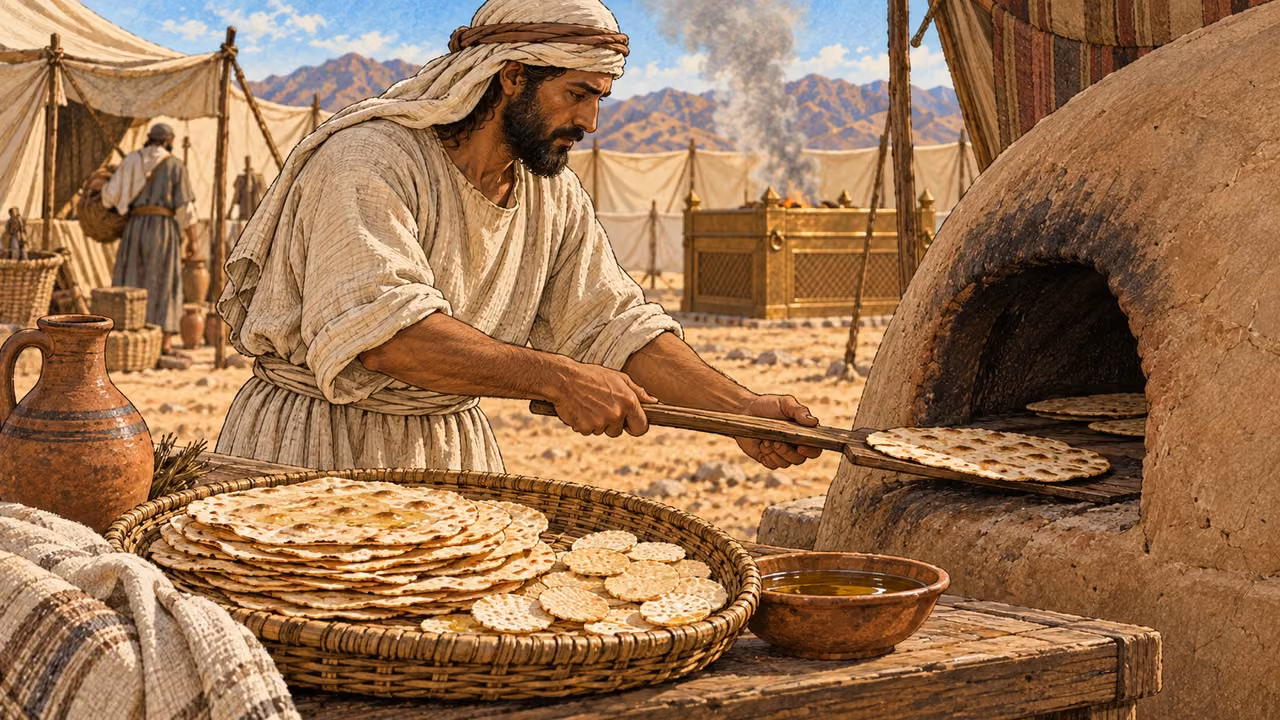 An ordinary Israelite baker in earth-toned linen tends a clay oven in the desert camp. Thin flat unleavened cakes and wafers lie on a woven tray in foreground, lightly glossed with oil. One flat cake being removed with a simple wooden paddle. No puffy loaves or modern oven.
