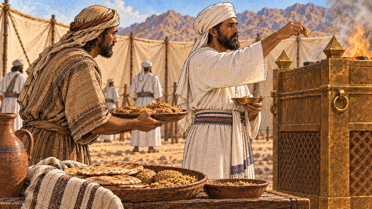 An ordinary worshipper in earth-toned garments presents a platter of cooked grain offering to a white-linen priest near the bronze altar. Priest lifts one small memorial portion from platter toward fire; generous remainder still visible for the priests. Modest fire, no animals or blood, solemn exchange.