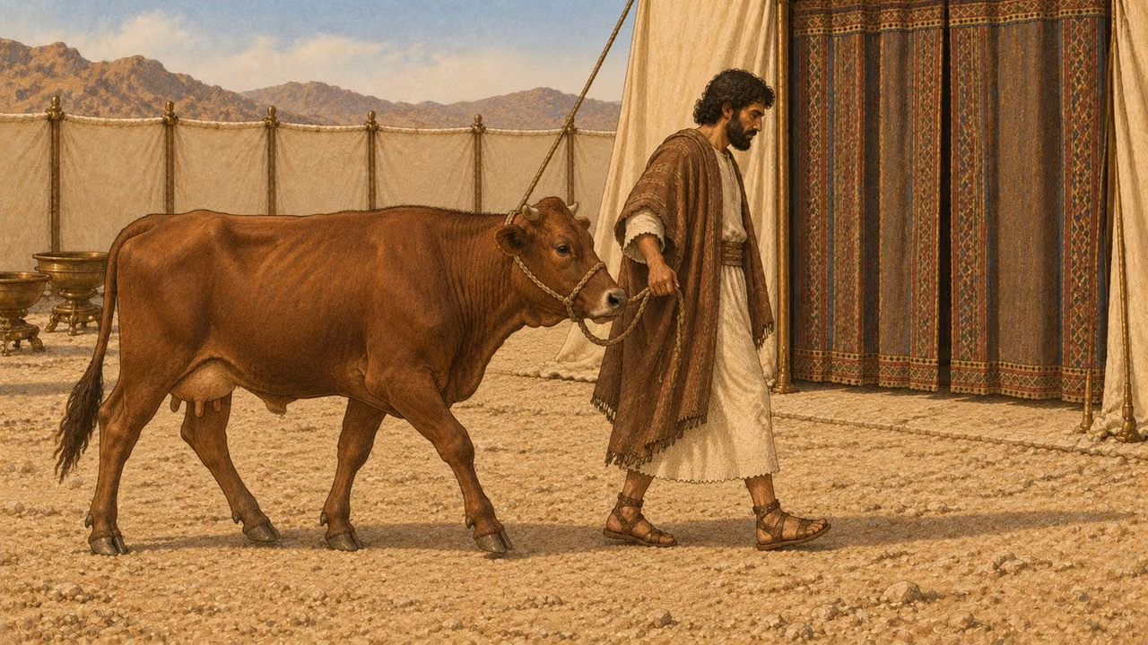 An ordinary adult Israelite in brown mantle leads one healthy unblemished female cow toward the entrance of the linen sanctuary courtyard. Cow in full side view, clearly cattle, no second animal. Offering may be male or female; show one female example. Closed woven sanctuary curtain farther behind, quiet daylight. No hand laid yet.