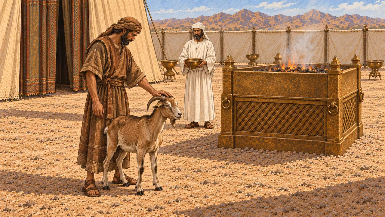 One ordinary Israelite in brown linen stands beside a healthy living goat, lean body, short coat, backward-curving horns and small beard, laying one hand upon its head near tent entrance. Plain white-linen priest and empty bronze bowl farther behind. Distinct from woolly sheep; initial phase before slaughter or blood rite.