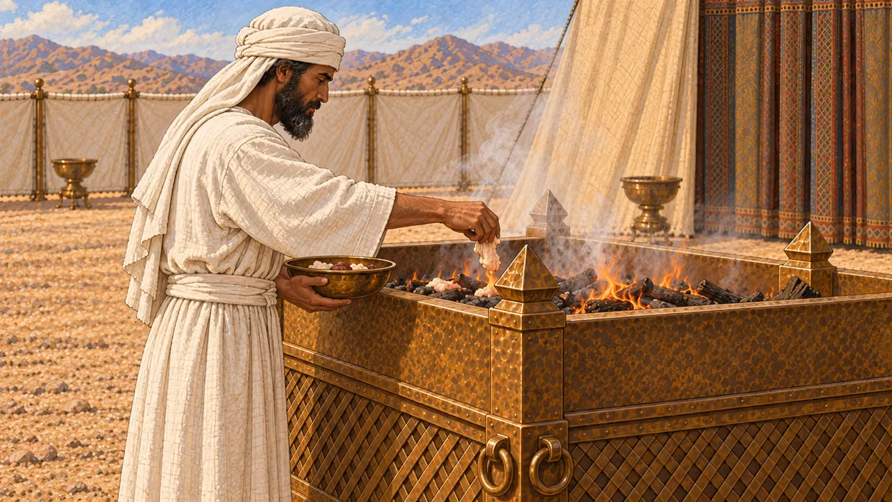 A plain white-linen priest attends prepared pale fat and small organ portions burning on wood in broad bronze altar. Portions mostly obscured by altar rim and low flames, natural smoke, no whole animal on fire, no sheep fat tail. Close profile of priest, restrained solemnity. Contextual final phase; exact text preserves specified portions.