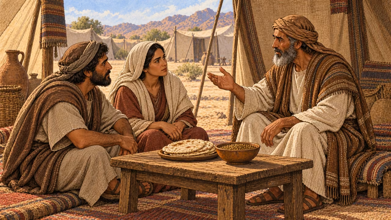 At a family tent in desert camp, an adult Israelite elder in earth-toned linen instructs two adult family members beside a simple table set with flatbread and a bowl of lentils. Open teaching hand gesture, attentive faces. No fat or blood served, no red drink resembling blood, no text or signage. Contextual illustration of the permanent household instruction, not a claim the verse prescribes this meal.