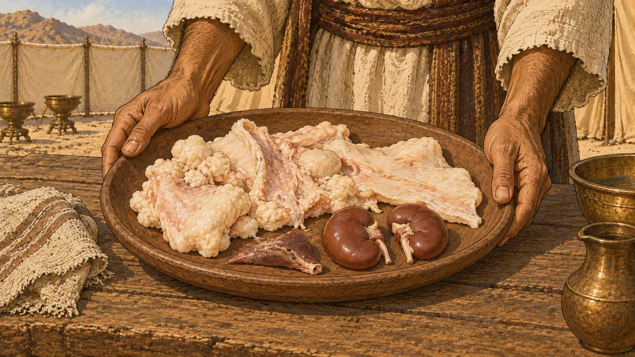 Restrained close documentary view of a plain earthen tray containing pale fat portions and exactly two small reddish-brown kidney shapes, plus a small liver appendage, already removed as prescribed. Ordinary adult linen-sleeved hands steady the tray on a rough wooden table. No body or cutting action, no gratuitous gore. Contextual preparation, anatomically plausible organic shapes, no labels.