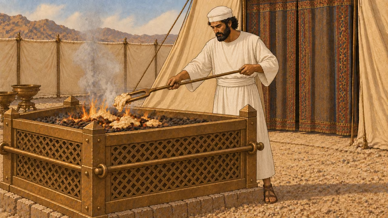 White-linen priest using long bronze fork places pale prepared sacrificial fat portions above an already burning offering on wood in the broad square bronze altar. Low flames and natural smoke, no whole animal on altar, no modern grill. Closed sanctuary curtain behind. One priest, three-quarter wide view.