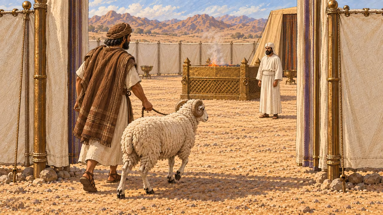 Ordinary Israelite in brown mantle brings one healthy fat-tailed sheep, fully visible in profile with broad natural tail, to linen courtyard entrance. Priest in simple white linen awaits near distant bronze altar. Calm living animal; no sacrifice yet. Sheep must be distinct from goat.