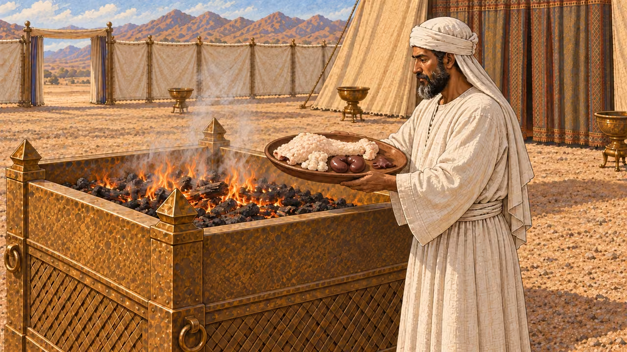 White-linen priest presents an earthen tray holding prepared pale fat portions, a whole broad sheep fat tail, exactly two kidney shapes and a small liver appendage beside the bronze altar fire. Already prepared portions, no cutting or body; no whole living sheep. Restrained documentary detail. Ritual preparation before burning, not every step simultaneous.