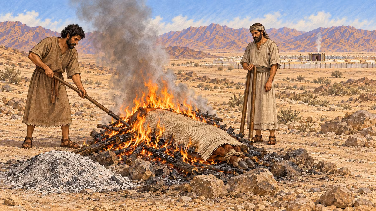 At a clean ash dump well outside the distant Israelite camp, two ordinary linen-clad men tend a wood fire consuming the covered remains of the bull. The remains are mostly hidden beneath a plain woven carrying cloth and low flames; a hide edge and bundled legs establish the prescribed disposal without exposed gore. Camp tents appear far away.