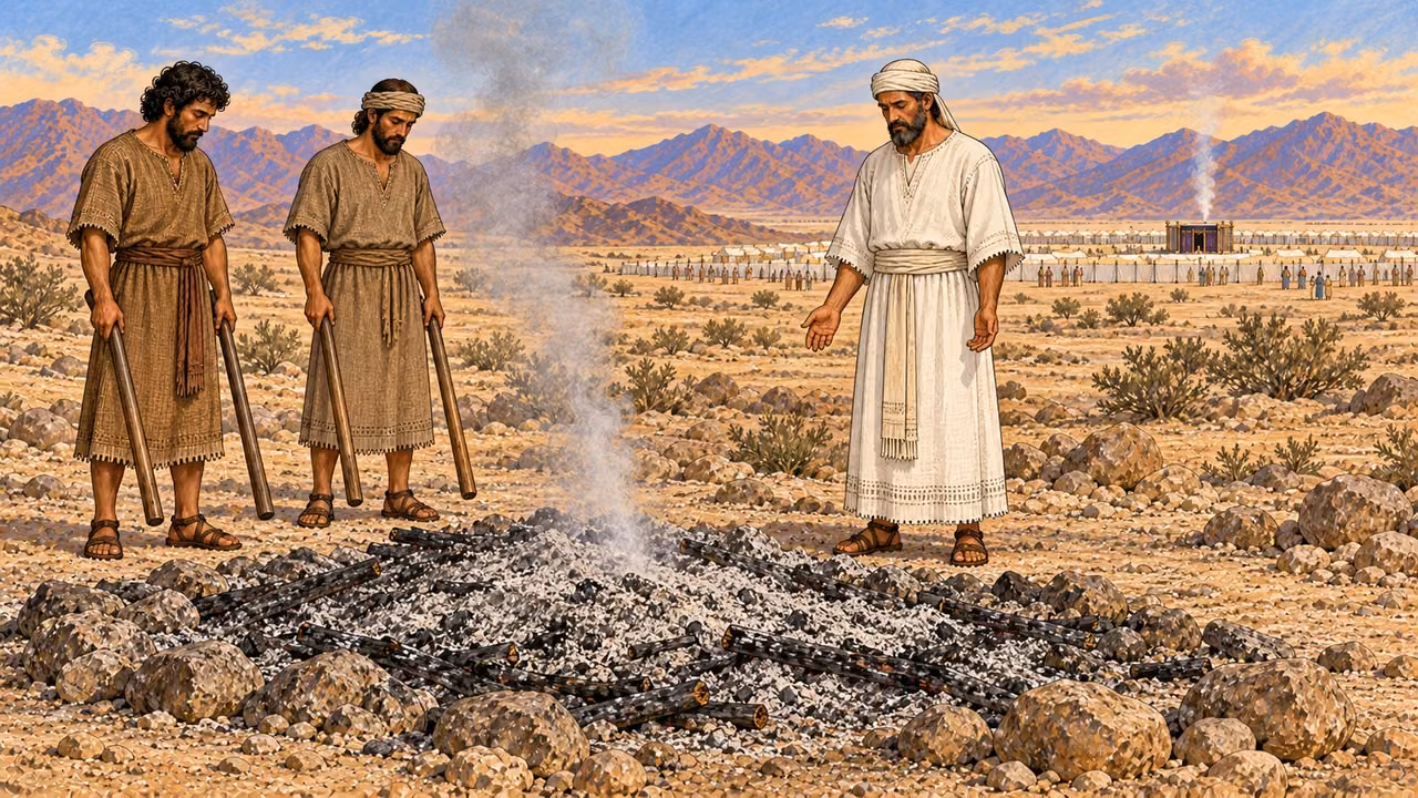 Outside the camp at the established clean ash dump, a white-linen priest watches a controlled wood fire and rising smoke while two attendants stand nearby with empty carrying poles. The distant ordered camp and sanctuary are visible beyond. The scene emphasizes completed disposal and communal solemnity; no exposed carcass, no gore.