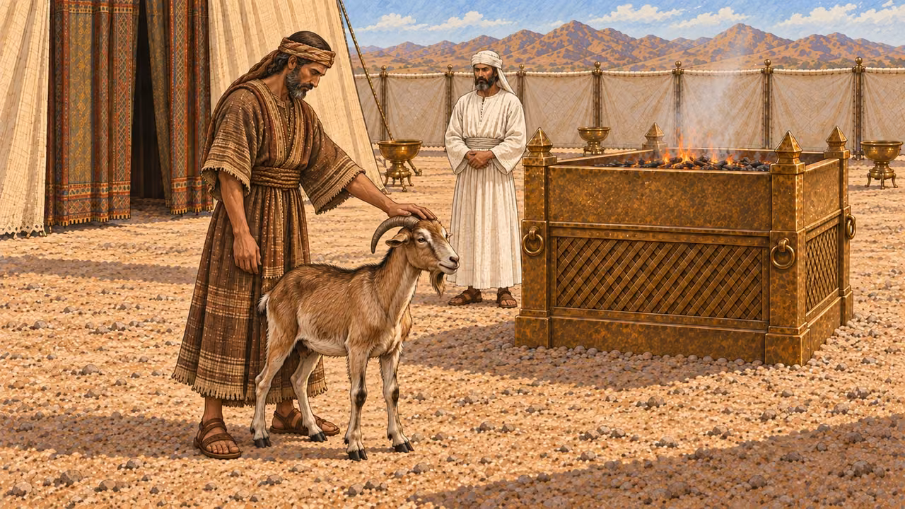 An Israelite community leader in a finely woven but restrained brown mantle lays one hand on the head of a healthy living male goat before the broad bronze altar. The goat is lean, short-coated, bearded, and horned; a plain white-linen priest waits separately. Initial phase before slaughter; no blood.