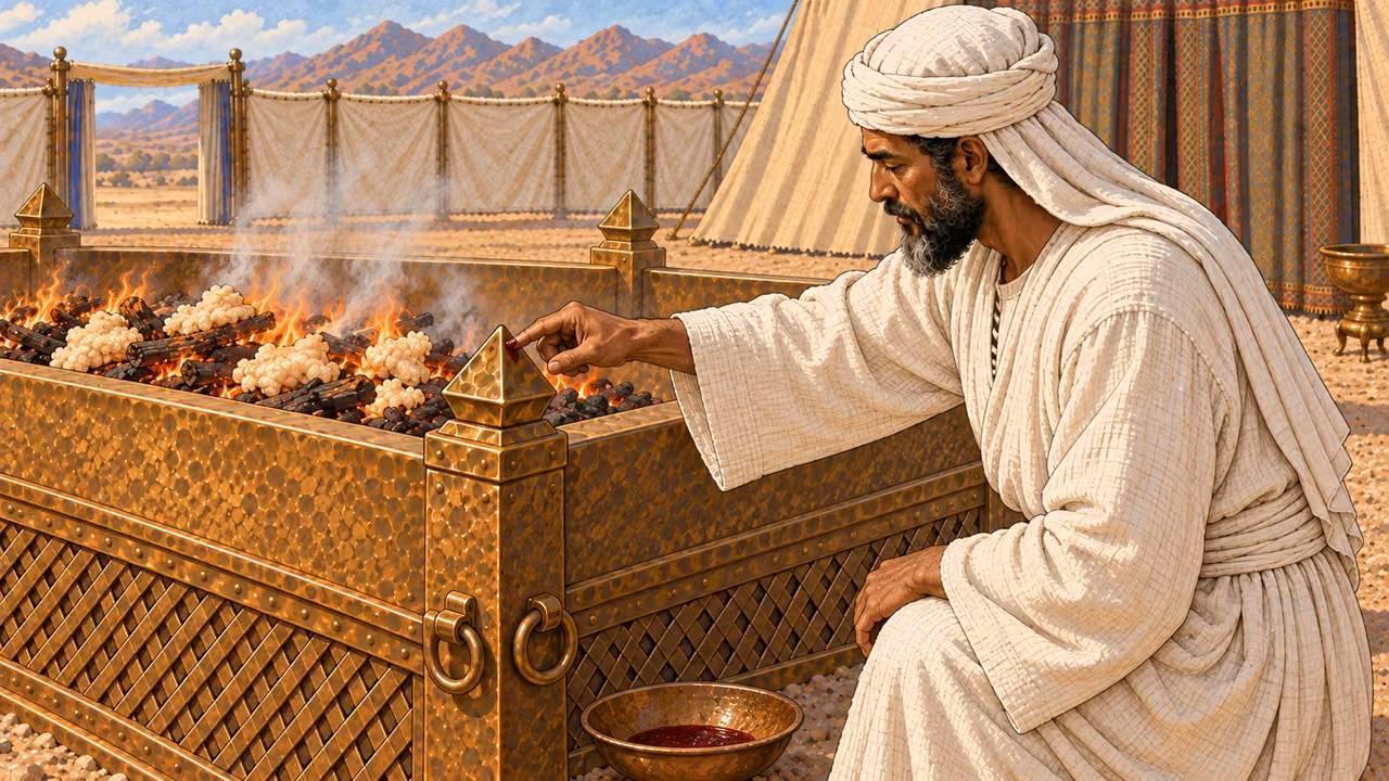 Close three-quarter view at the broad bronze lattice altar: a white-linen priest touches one modest dark red mark onto a pyramidal corner projection with his finger while prepared pale fat portions burn on wood behind the rim. A shallow bowl rests at the altar base. No animal body, no pouring action, restrained blood detail.