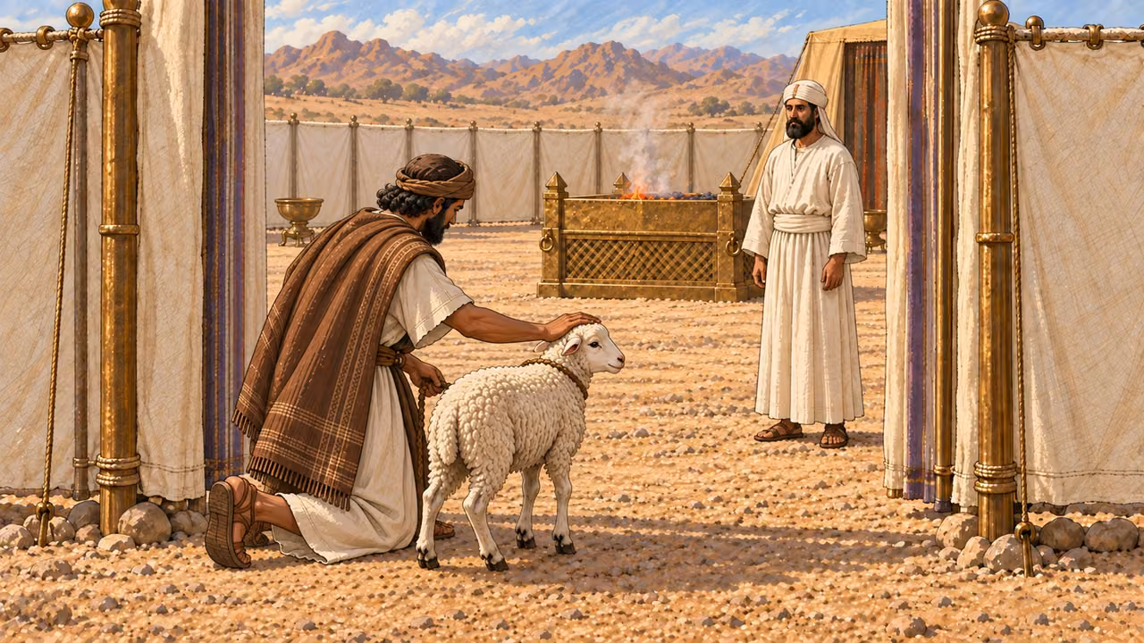 The ordinary worshipper kneels beside the same living female lamb and lays one hand softly on its head at the place of offering. A plain white-linen priest waits separately. The lamb remains calm and intact; initial phase before slaughter, with no knife, blood, or simultaneous later rite.