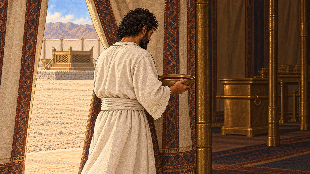 The anointed priest carries a shallow bronze bowl containing a restrained amount of dark red sacrificial blood through the woven entrance curtain of the tent of meeting. Seen from behind and three-quarter profile, with the outdoor bronze altar distant beyond the doorway. No animal body, no spilling, no gratuitous gore.
