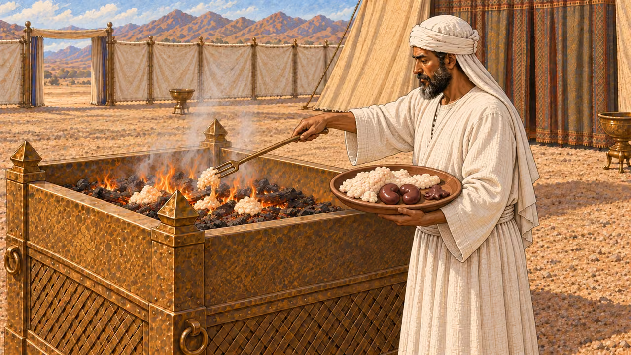 At the established broad bronze lattice altar, a plain white-linen priest uses a long bronze fork to place prepared pale fat portions from a tray onto low flames. Exactly two kidney-shaped organs and one small flatter liver appendage remain visible on the tray. No bull body, no cutting action, no whole animal on fire.