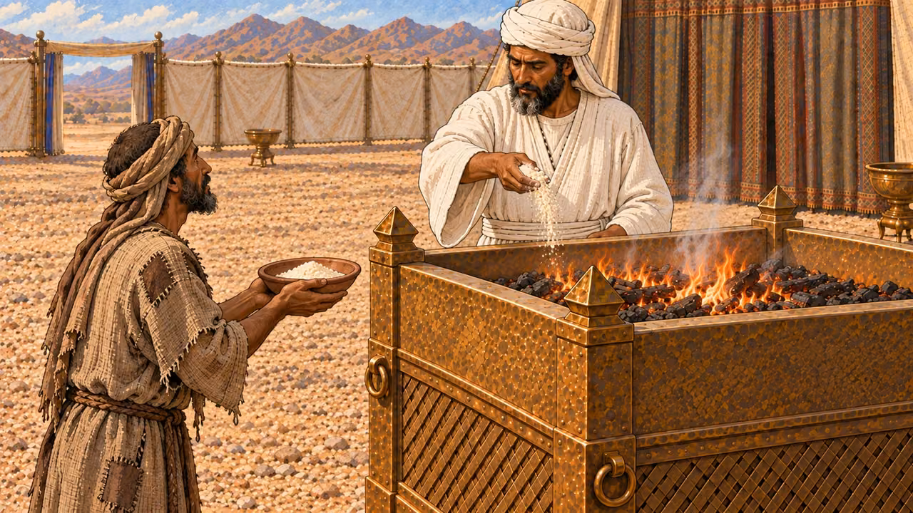 A very poor worshipper offers a small measured bowl of fine white flour with no oil flask and no frankincense nearby. At the bronze altar, a white-linen priest lifts one memorial handful toward the low flame while the remaining flour stays in the bowl for priestly use. No animal, fruit, incense, poured oil, blood, or excessive food.