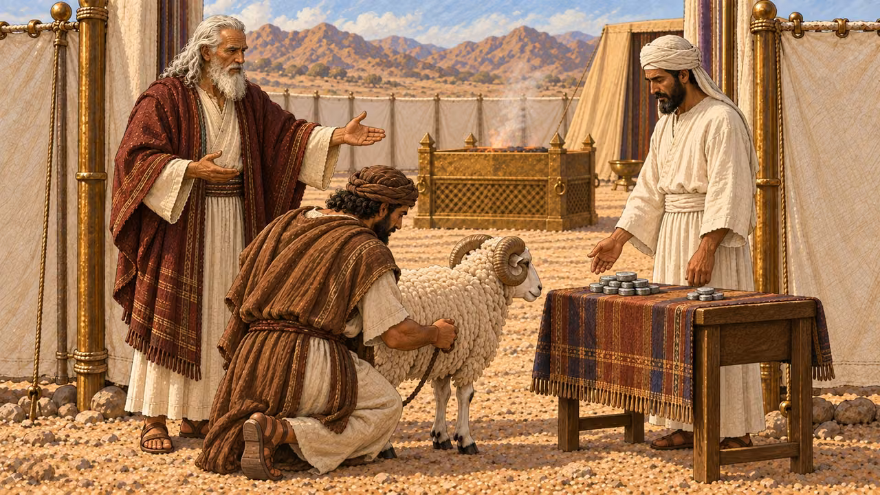 Moses in cream robe and burgundy mantle instructs as a remorseful Israelite presents an unblemished horned ram and a carefully counted group of silver pieces to a white-linen priest at the sanctuary gate. A smaller fifth-share of silver is visibly set beside the main restitution amount. No scales with modern markings, writing, blood, or altar action.