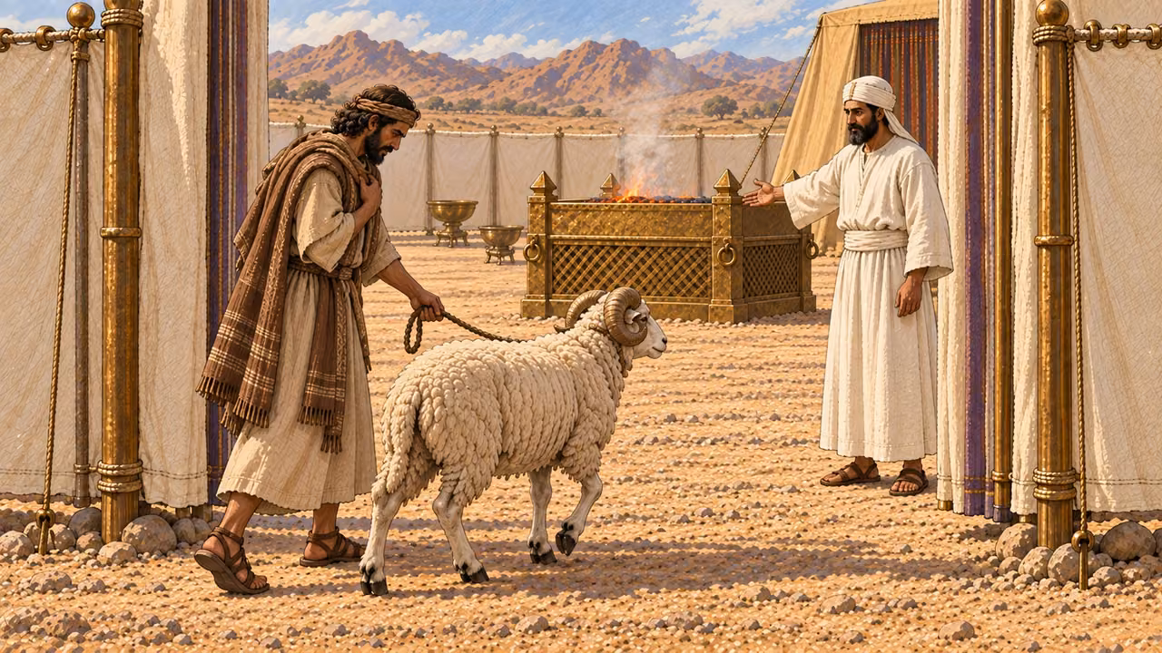 An Israelite who has only now understood an unintended offense leads one healthy unblemished horned ram to a waiting white-linen priest before the sanctuary. His face shows troubled realization and hope; the priest gestures toward the accepted approach. No coins, theft, blood, blade, slaughter, or carcass.