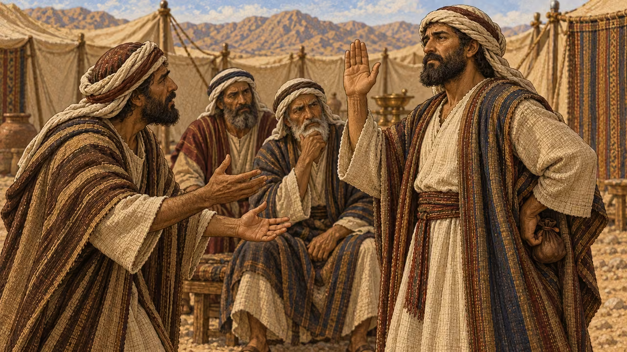 An Israelite secretly grips a neighbor's recognizable lost leather pouch behind his mantle while publicly raising his other hand in a false oath before that neighbor and two elders. The owner looks distressed and the elders attentive. Bronze Age camp setting; no written legal document, text, coins spilling everywhere, violence, or supernatural figure.