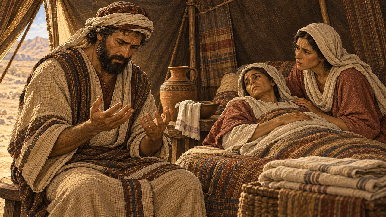 Inside a modest goat-hair tent, an adult Israelite realizes that helping support a visibly unwell family member has made him ceremonially unclean. Their expressions show dawning awareness and concern, with a water jar and folded linens nearby. Treat illness gently; no lesions, gore, childbirth, corpse, or modern medical objects.