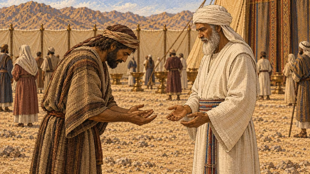 Before the sanctuary courtyard entrance, the guilty Israelite confesses to a plain white-linen priest with open empty hands, bowed head, and sober honesty. The priest listens without accusation. Other worshippers remain distant and indistinct. No animal, altar action, text, or visible deity.