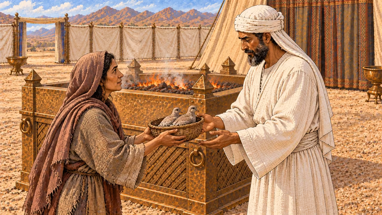 A poor worshipper approaches the sanctuary carrying exactly two living turtledoves in a small open woven basket, one bird beside the other. A white-linen priest receives the offering compassionately near the broad bronze altar. Emphasize humble means and exact count; no additional birds, blood, or ritual action yet.