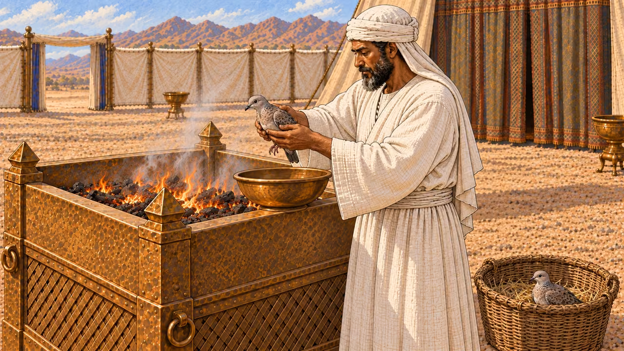 Close three-quarter sanctuary view: a white-linen priest holds the first small turtledove carefully above a shallow bronze bowl at the broad altar, beginning the prescribed sin-offering action. The second living bird remains safely visible in the open basket at ground level. Keep anatomy natural and blood detail minimal; do not show severed parts or gore.