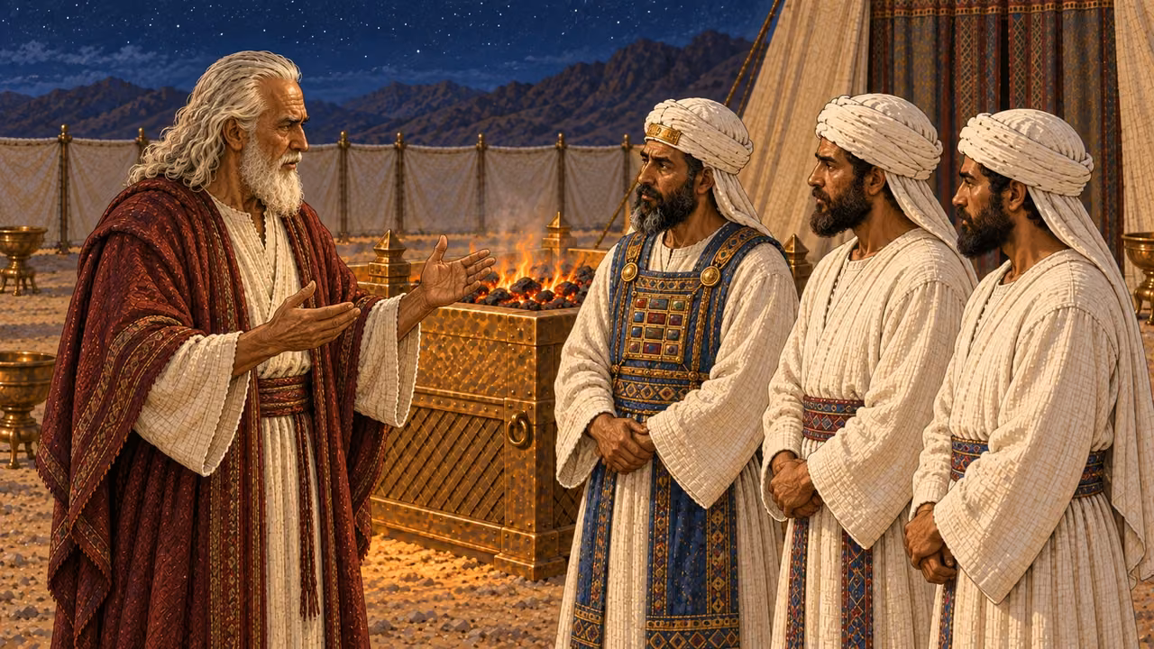 Under a deep blue desert night sky, Moses in cream robe and burgundy mantle instructs Aaron and two adult priestly sons beside the sanctuary courtyard. Behind them, the broad bronze lattice altar holds a low steady burnt offering fire that remains on its hearth. Warm firelight, watchful solemnity, no animal body, blood, dramatic blaze, or supernatural figure.