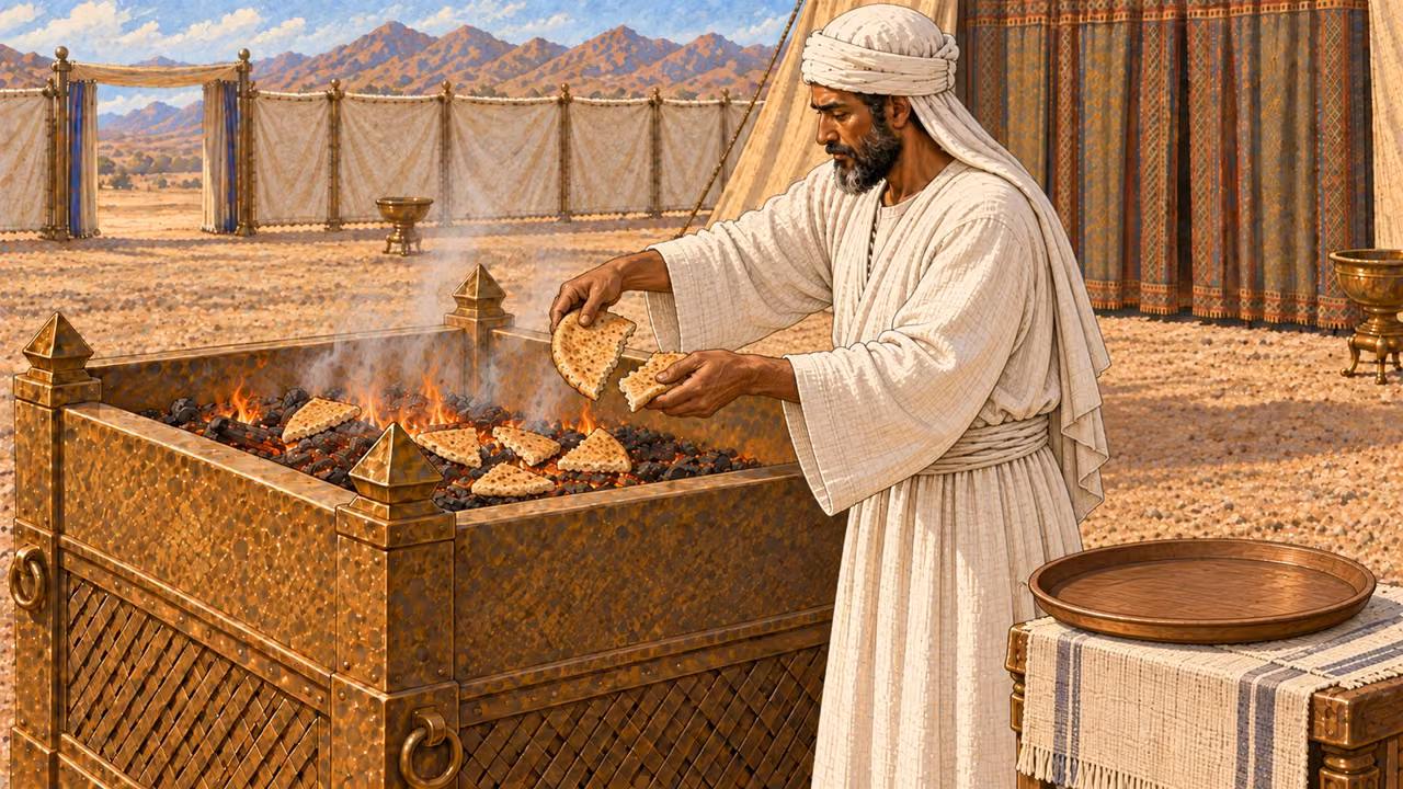 A white-linen anointed priest breaks an oil-mixed griddle cake into several baked pieces over a broad bronze pan, then places every piece onto the low altar fire. An empty serving tray makes clear that none is retained for eating. Single continuous ritual moment, no diners, raw dough, animal, blood, gore, or dramatic flames.