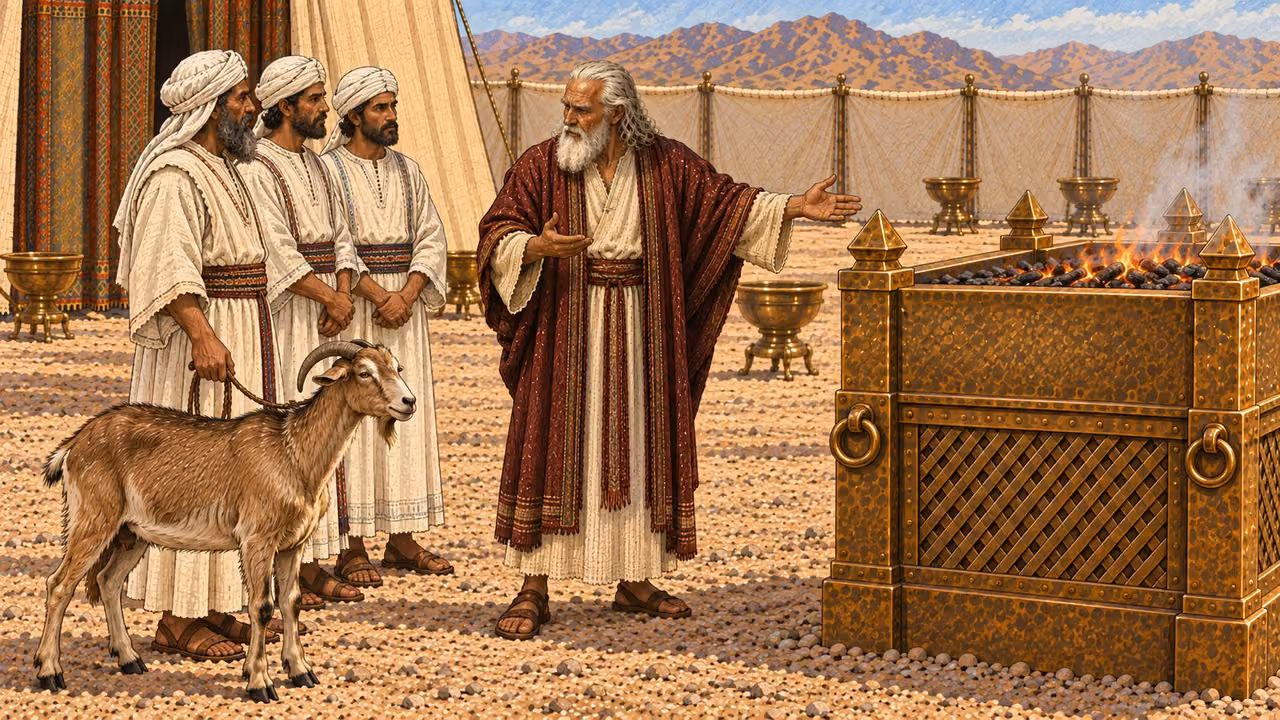 Moses, with long white hair and beard, cream robe and burgundy mantle, instructs Aaron and two adult priestly sons at the designated side of the broad bronze altar. One healthy living female goat stands calmly nearby as the sin offering, held by a simple lead. Instruction and location only; no hand on animal, blade, blood, wound, slaughter, or carcass.