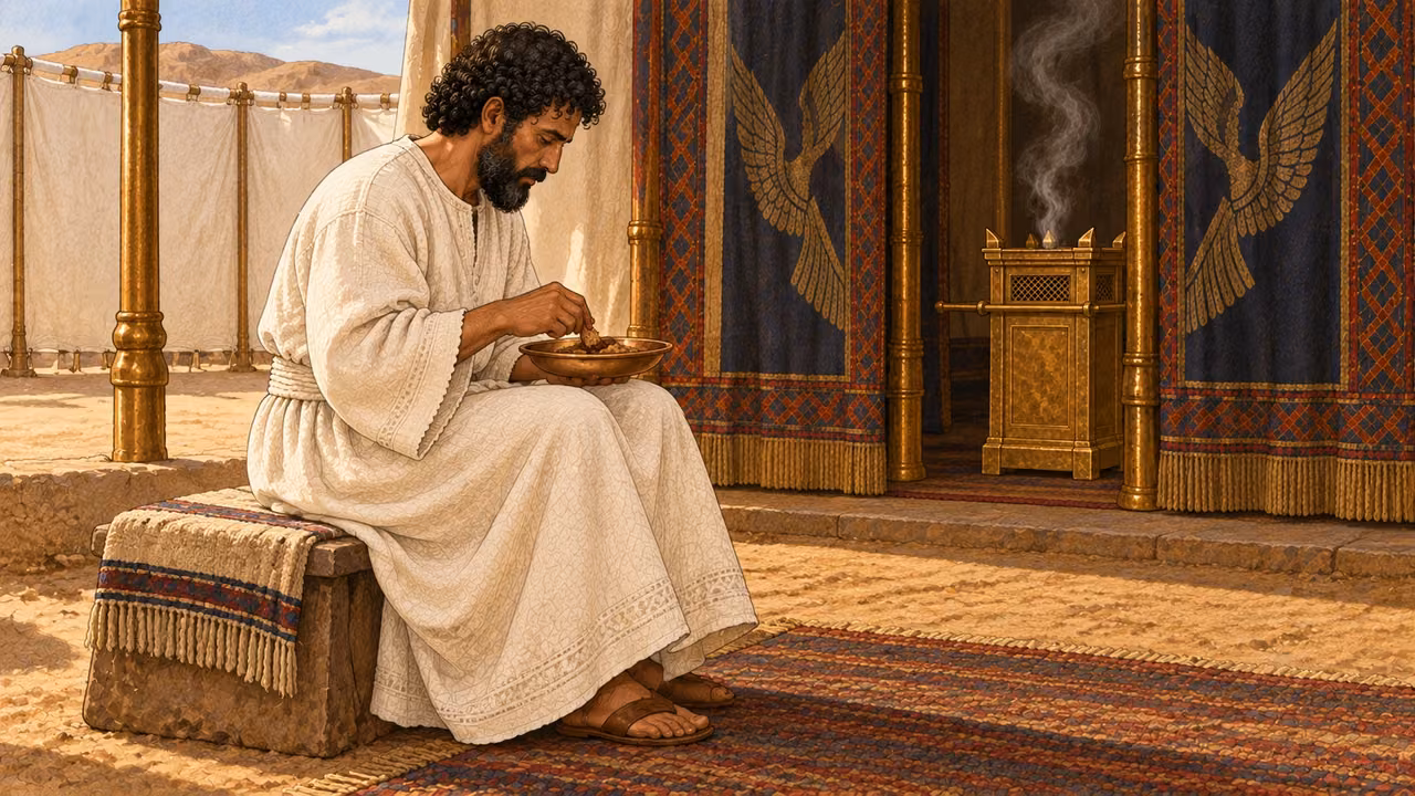 The white-linen priest who performed the atonement sits in the sanctuary courtyard and eats a modest cooked portion of the sin offering from a single shallow bronze dish. The linen enclosure and tent entrance establish the holy place. Quiet sacred meal, no feast crowd, raw flesh, blood, bones, gore, or ordinary camp setting.