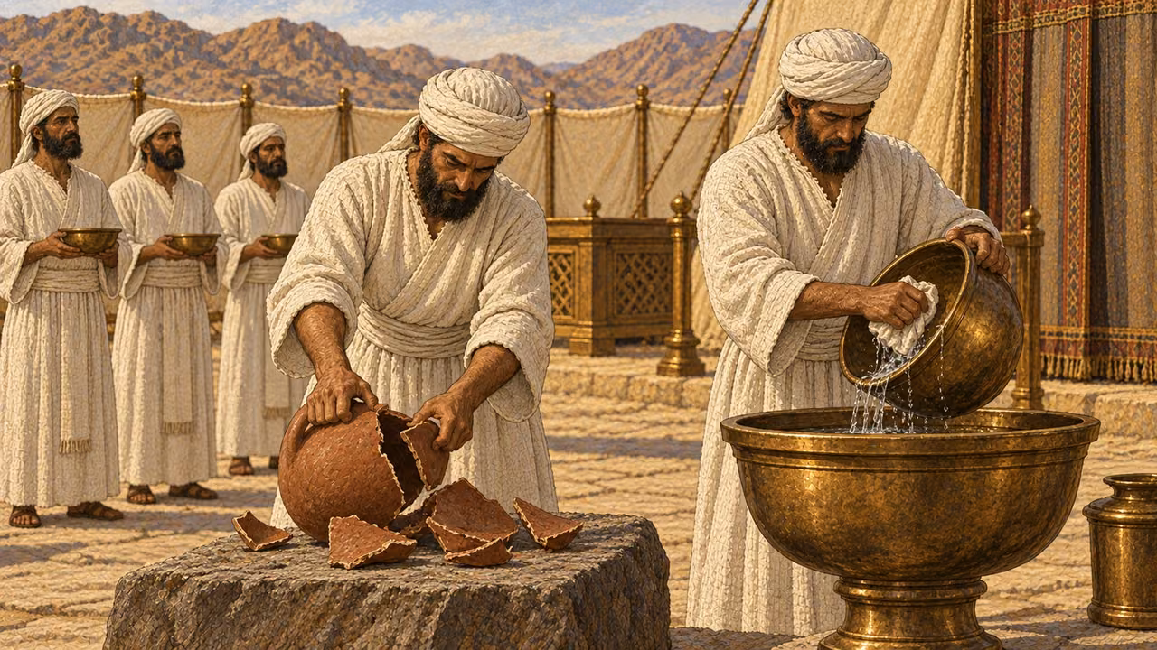 In the holy courtyard, two white-linen priests carry out the vessel rules side by side: one breaks a used earthenware cooking pot cleanly into several large shards on a stone surface, while the other scours and rinses a sturdy bronze pot with water. A few adult male priests wait for their holy portion in the background. No food splatter, blood, gore, women, children, or modern brushes.