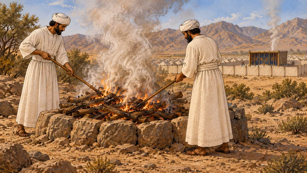 At a clean place beyond the camp, two white-linen priestly attendants place the covered remains of a sin offering onto a prepared wood fire because its blood had entered the holy place. In the far distance, the sanctuary tent is visible within the camp. Keep all remains fully wrapped and non-graphic; no exposed carcass, blood, gore, scavengers, or ordinary refuse.