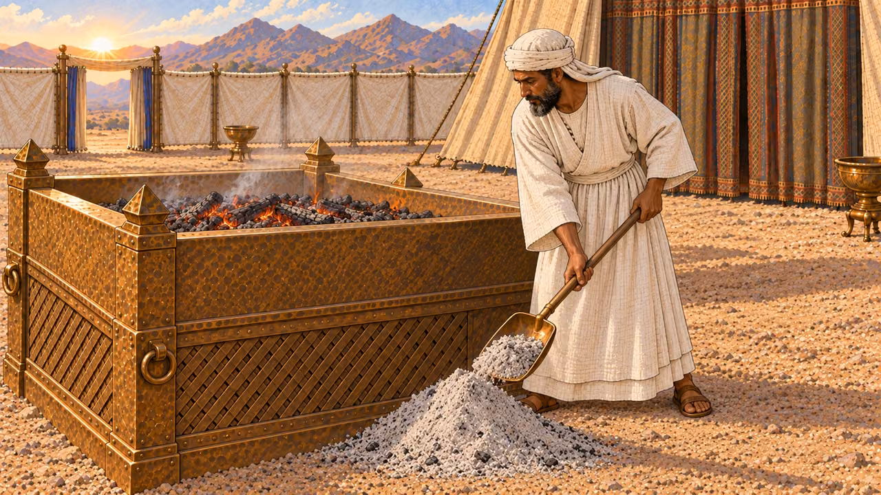 At first light inside the sanctuary courtyard, a priest wearing a full white linen tunic with linen undergarment discreetly covered beneath it uses a bronze shovel to lift cool pale ashes from the broad altar and place them in one tidy mound beside the altar. Low embers remain. No nudity, animal remains, blood, gore, or modern tools.
