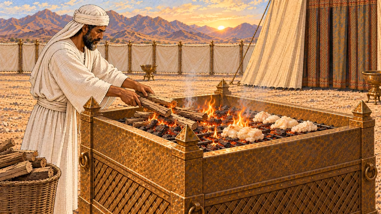 At dawn, a white-linen priest carefully adds split acacia wood to the broad bronze lattice altar, arranging the pieces over a controlled bed of living coals. A prepared offering and pale peace-offering fat portions rest orderly above the grate without visible carcass detail. The continual flame is steady and modest, not a dramatic inferno; no blood or gore.