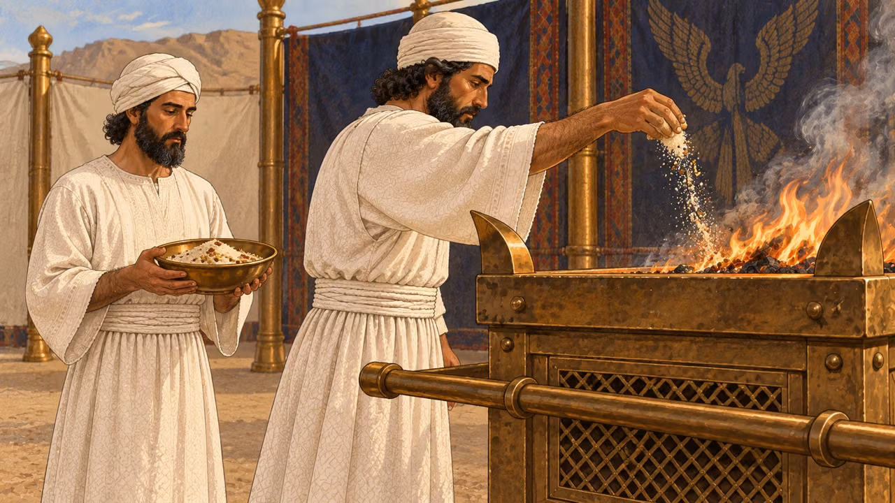 In front of the broad bronze altar, one adult son of Aaron in clean white linen presents a shallow bowl of fine flour mixed with oil and frankincense. A second priest lifts exactly one memorial handful toward the low altar flame. Show one bowl, one handful, and a small incense portion clearly; no animal, bread loaves, fruit, blood, or excess vessels.