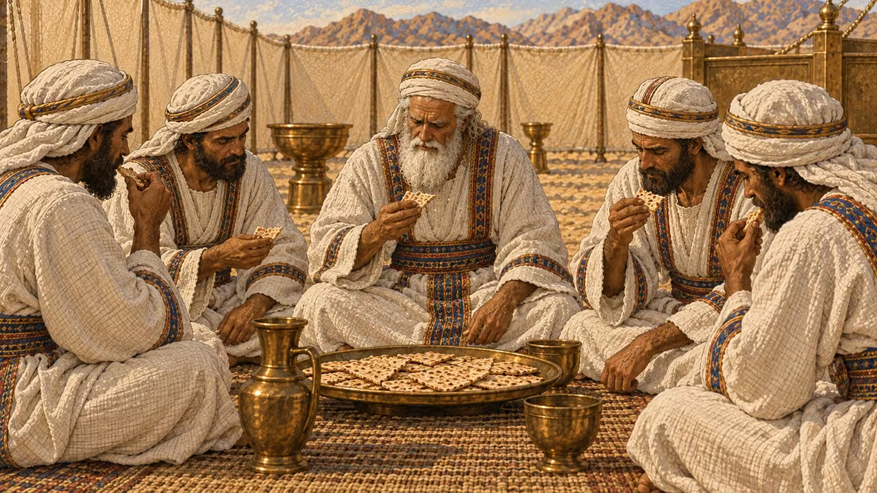 Within the linen-walled courtyard of the tent of meeting, Aaron and several adult male priests sit together and eat the remaining grain offering as simple flat unleavened portions from one shared tray. Their white linen garments and the sacred courtyard setting are clear. No women or children at the meal, no risen loaves, feast abundance, meat, blood, or ordinary camp setting.