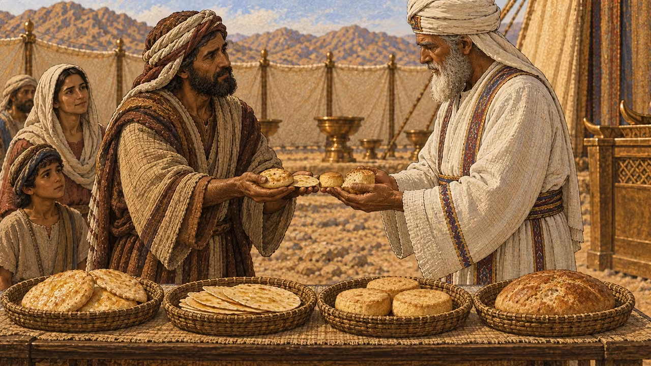 A grateful worshipper presents a peace offering with four clearly differentiated bread groups on low woven trays: unleavened oil-mixed loaves, thin unleavened wafers brushed with oil, fine-flour cakes mixed with oil, and leavened bread. He gives exactly one representative piece from each group to the white-linen priest. No lettering, duplicate heaps, animal slaughter, blood, or lavish banquet.