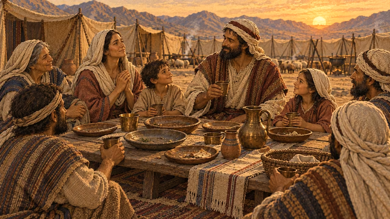 Before sunset on the day of offering, a clean extended household reverently finishes a modest thanksgiving peace-offering meal in the camp. Nearly empty shared dishes and the warm low sun show that nothing will remain until morning. Bronze Age family setting, gratitude and restraint; no raw meat, blood, bones, leftovers piled up, or night sky.