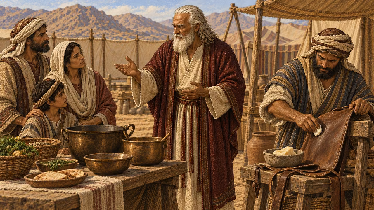 Moses in cream robe and burgundy mantle instructs an Israelite household as they separate animal fat from ordinary food. A small portion of unusable carcass fat is repurposed to grease a simple leatherworking tool, while cooking vessels contain no fat. No eating fat, dead animal, torn carcass, blood, gore, written labels, or modern workshop objects.