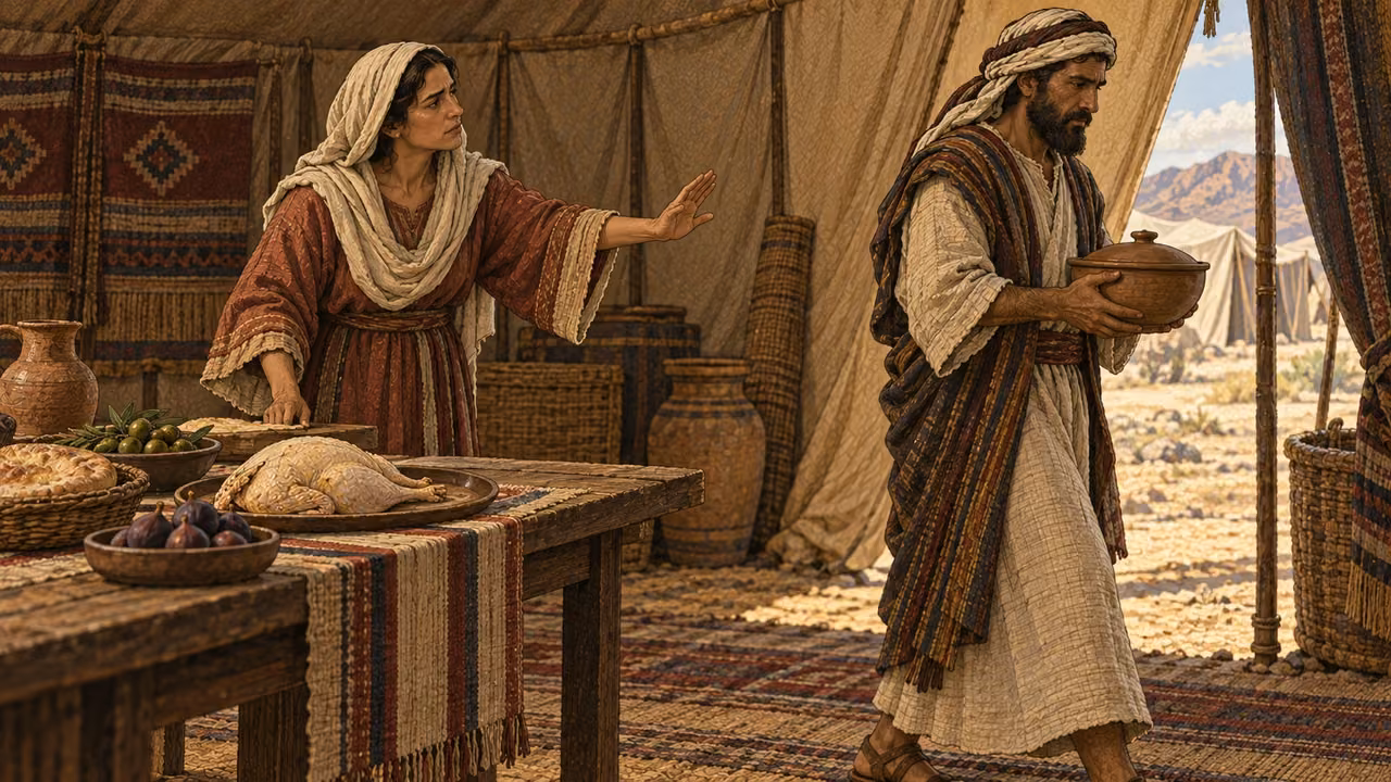 Inside a Bronze Age camp kitchen, an Israelite household carefully drains a freshly prepared bird over an earthenware bowl and sets the bowl aside from all food. Their serious restraint communicates that blood is never eaten in their dwellings. Keep the bird plucked and non-graphic; no drinking, wound, splashing, gore, slaughter action, or visible deity.