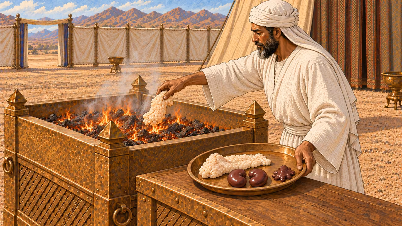 At the broad bronze altar, a white-linen priest arranges the prescribed pale portions on the low fire: one fat tail, the covering fat, exactly two kidneys, and one small liver appendage. Display them as clean prepared ritual portions on a bronze tray before burning. No whole animal, entrail mass, blood, gore, extra kidneys, or feast food.