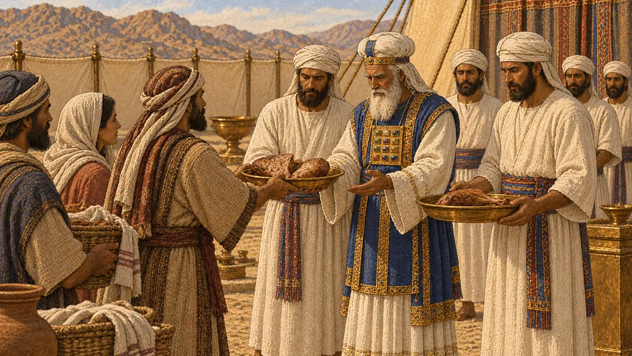 Aaron, identifiable by his dignified priestly garments, stands with his adult priestly sons in the sanctuary courtyard as Israelite families bring the established breast and right-thigh portions. A younger generation of adult priests waits behind them, suggesting the enduring statute. No children serving as priests, written decree, animal carcass, blood, gore, or supernatural figure.