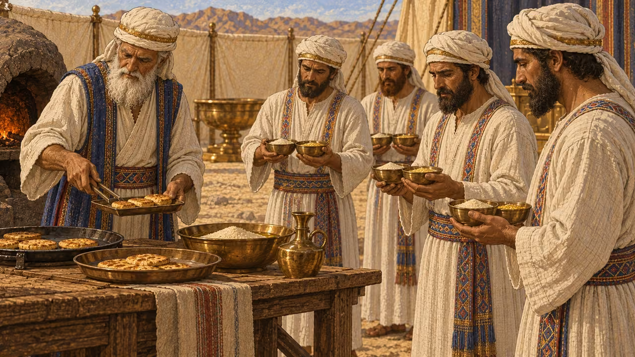 Within the holy courtyard, one officiating priest receives baked grain portions from an oven, pan, and griddle while several adult sons of Aaron receive equal small bowls of both oil-mixed and dry fine flour. Balanced arrangement and calm cooperation communicate that each shares alike. No animals, blood, risen bread abundance, women, children, or unequal hoarding.