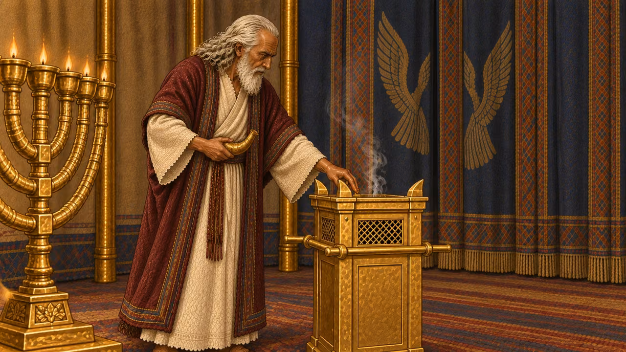 Moses carries a small horn of anointing oil through the tent of meeting, touching a modest amount to the sacred furnishings to consecrate them. Golden lampstand, incense altar, and curtains remain consistent and historically grounded. No blood, people crowding the holy place, excessive pouring, supernatural light, lettering, or modern vessels.