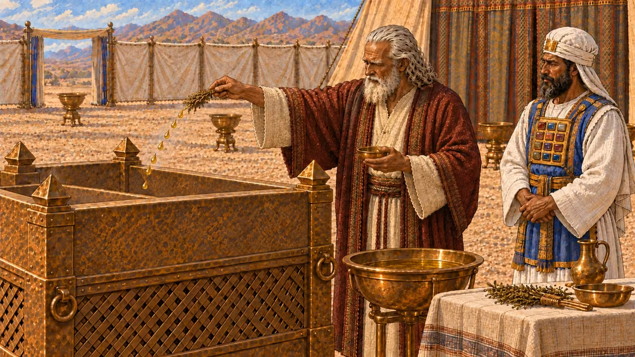 In the sanctuary courtyard, Moses sprinkles exactly seven visible small golden oil droplets toward the broad bronze lattice altar, with the bronze basin, altar utensils, and their stands arranged nearby for anointing. Aaron watches in full priestly garments. Exact count of seven droplets; no blood, animal, firestorm, extra droplets, or visible deity.