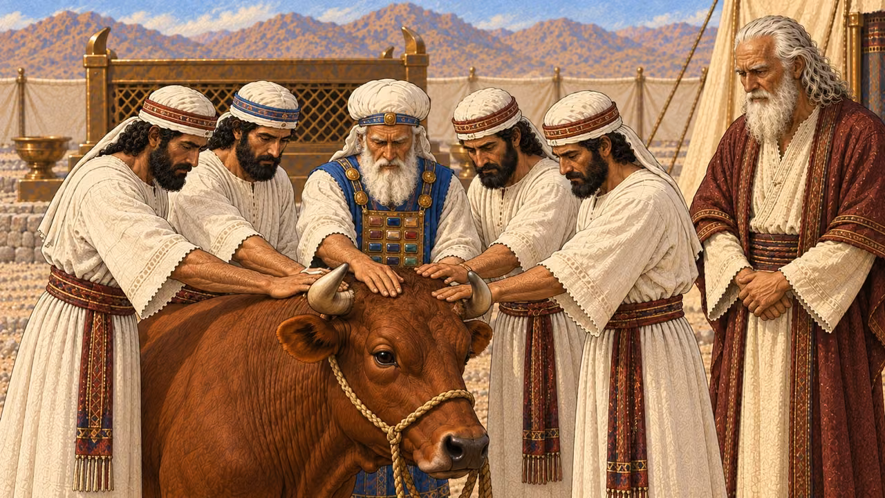 Before the broad bronze altar, Aaron and his adult sons each extend one hand onto the head and shoulders of one healthy living male bull presented as the sin offering. Moses stands separately in cream robe and burgundy mantle. Initial identification phase only; no blade, blood, wound, slaughter, carcass, or additional animals.